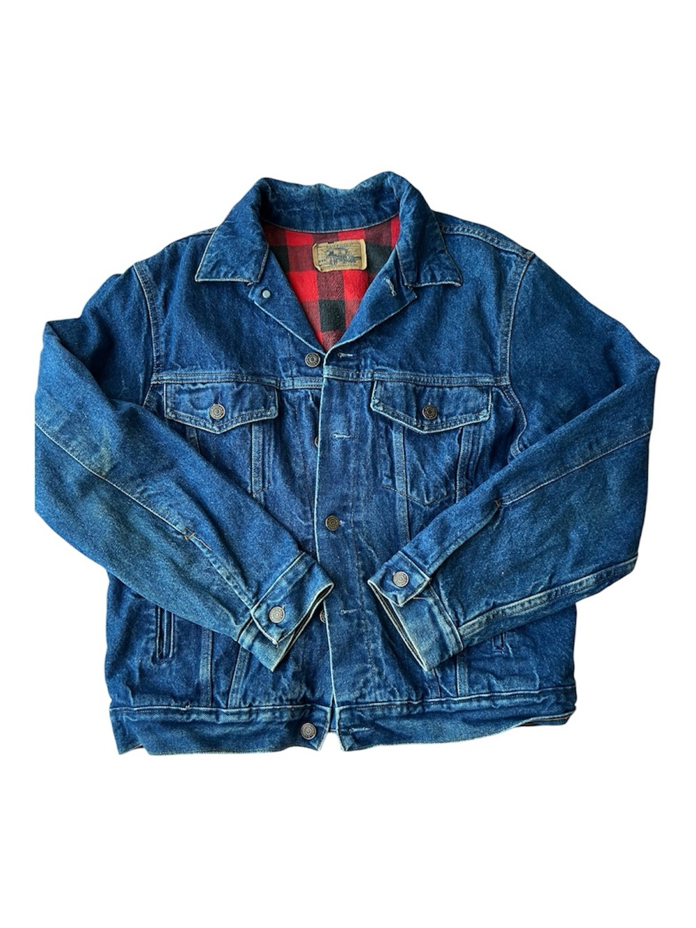 Women's Blue Denim Jacket with Red Plaid Lining